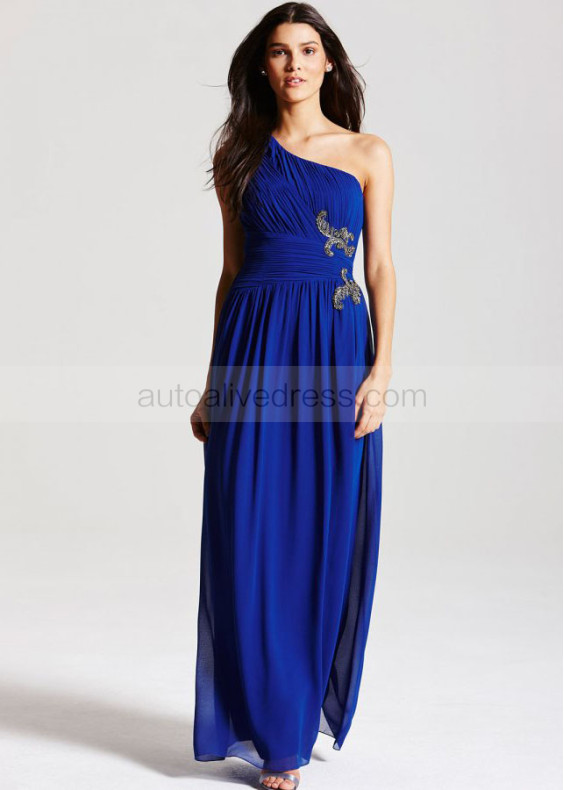 Royal Blue Chiffon One Shoulder Long Prom Dress 